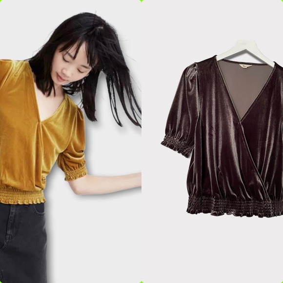 Madewell Tops - Madewell Smocked Crossover Velour Short Sleeve Top Size Medium